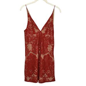 Free People Romper Womens 0 Red Sequin Lace Mesh V Neck Spaghetti Straps Mini